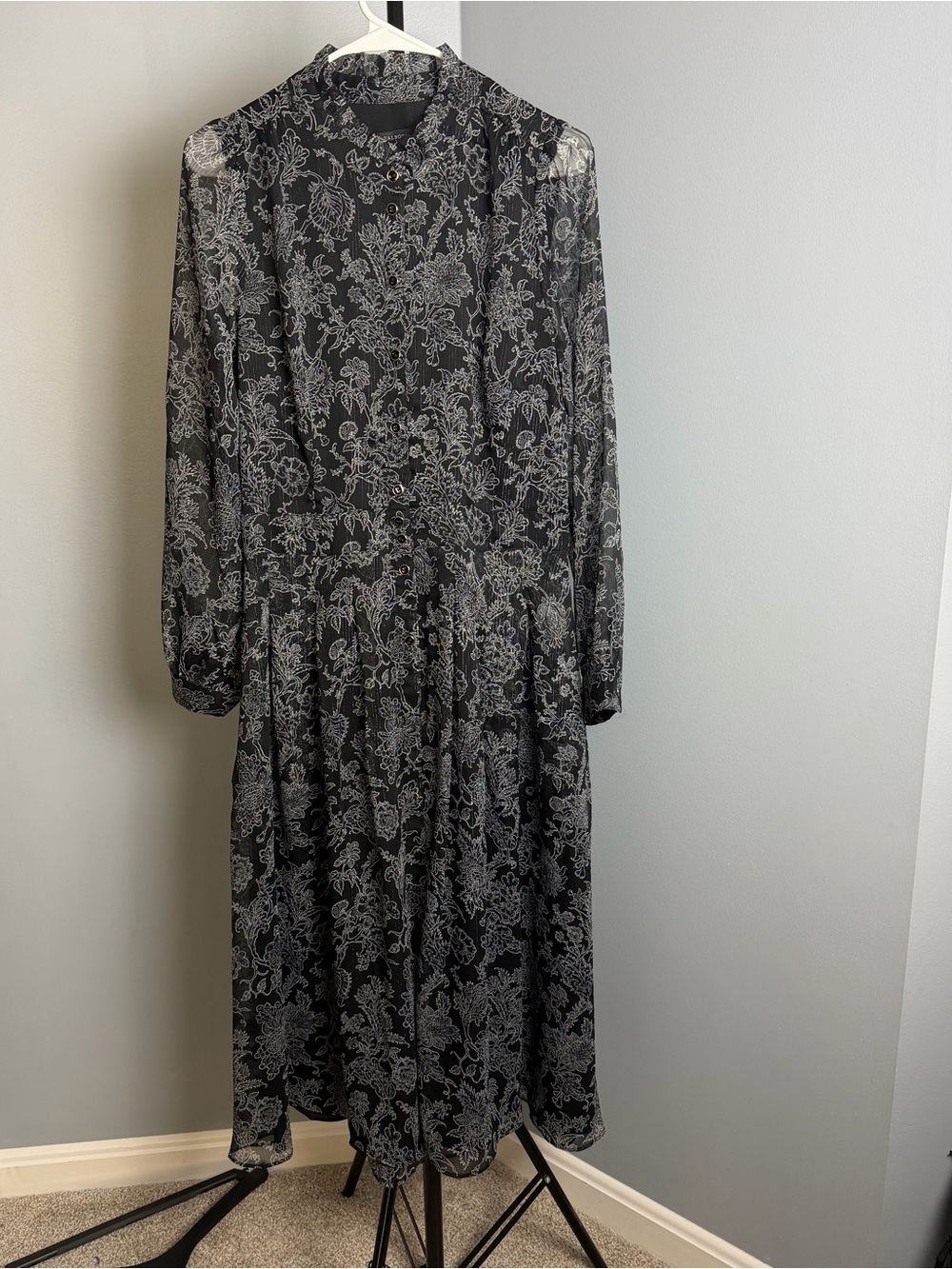 Talbots‎ Black Floral Long-Sleeve Semmi Sheer Midi Dress - Picture 2 of 8